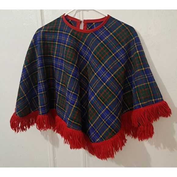 unbranded Sweaters - Vintage 70's WOOL TARTAN PLAID FRINGE WOMENS SMALL PONCHO CAPE RED BLUE Sweater